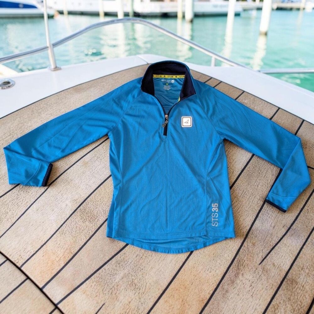 Sperry Top Sider Pullover MED Blue 1/4 Zip STS35 Sleeve Thumb Holes Lightweight